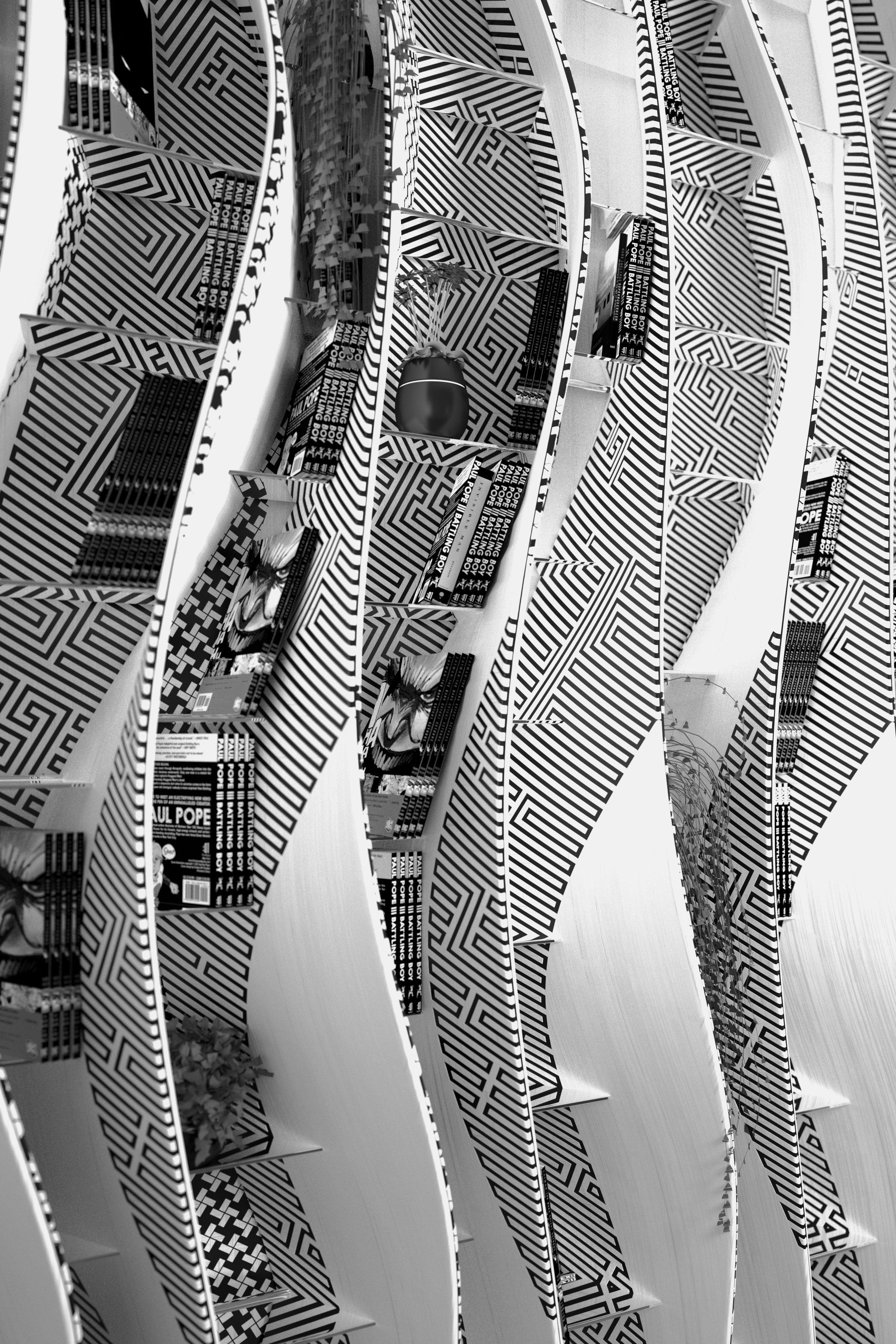 Computer Rendered Near Perspective of the Left Pattern of the Bookshelf, Volta, An Investigation of Perceptual Dissonance via Disjunct Pattern and Shape, J.Travis Bennett Russett