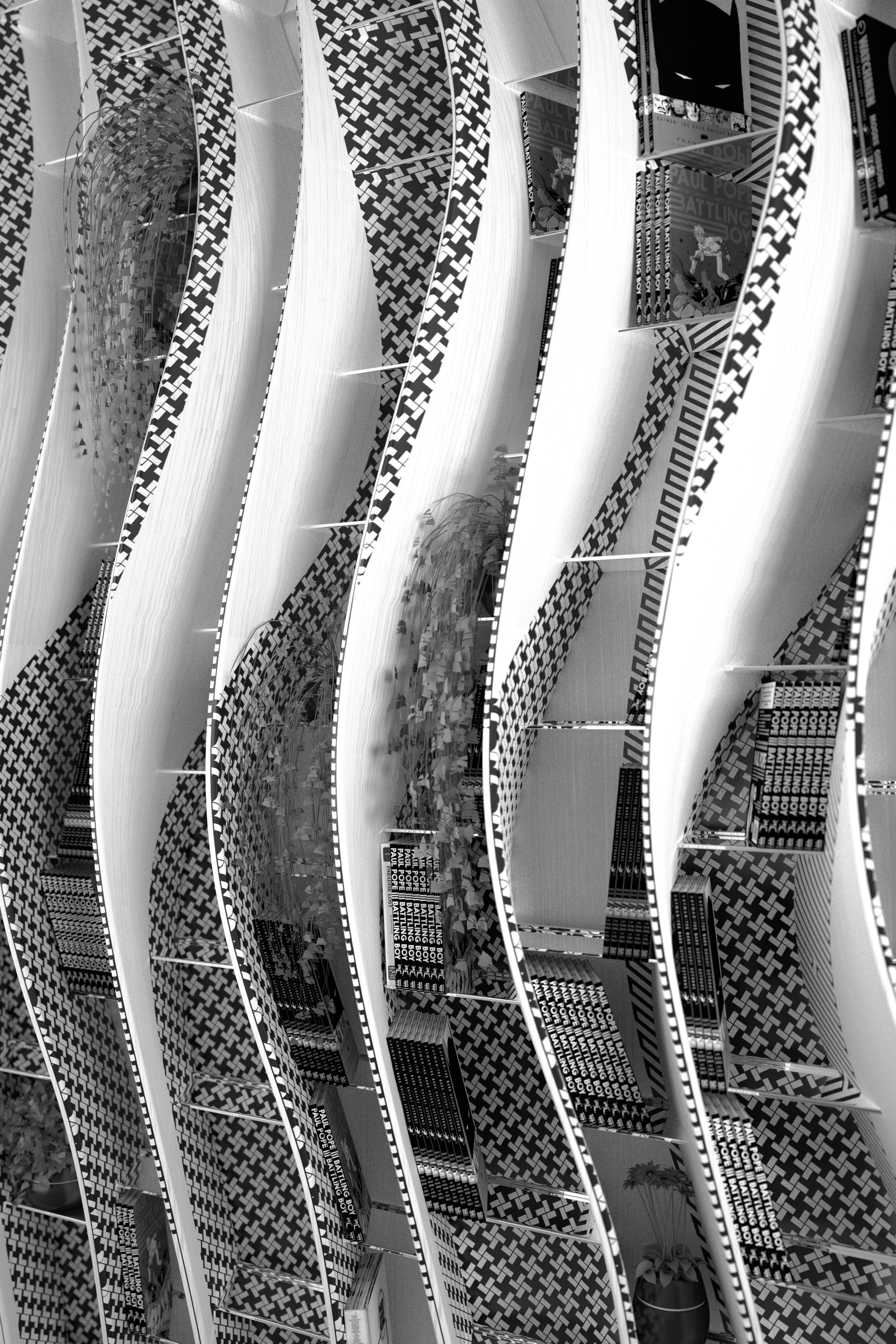 Computer Rendered Near Perspective of the Right Pattern of the Bookshelf, Volta, An Investigation of Perceptual Dissonance via Disjunct Pattern and Shape, J.Travis Bennett Russett